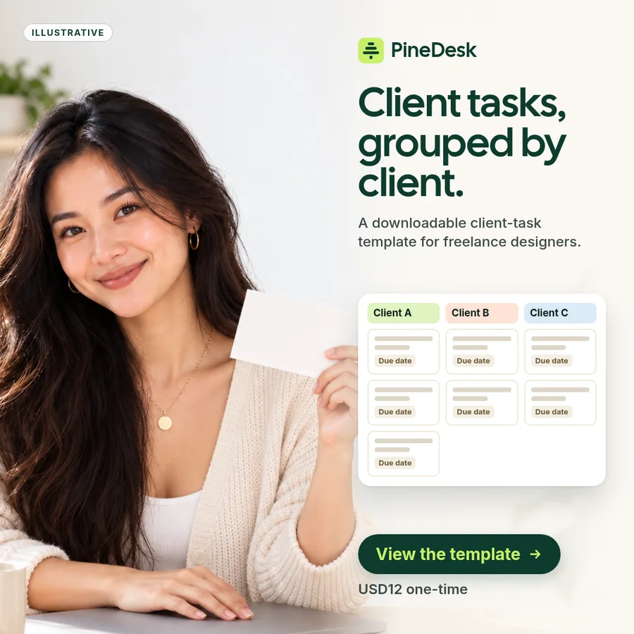 Sample square ad for the fictional brand PineDesk: the presenter at her desk beside a task board grouped under Client A, B and C, headline Client tasks, grouped by client, and a View the template button.