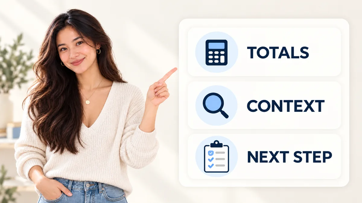 Athena, the AI brand presenter, points to a reporting checklist labeled Totals, Context, and Next Step.