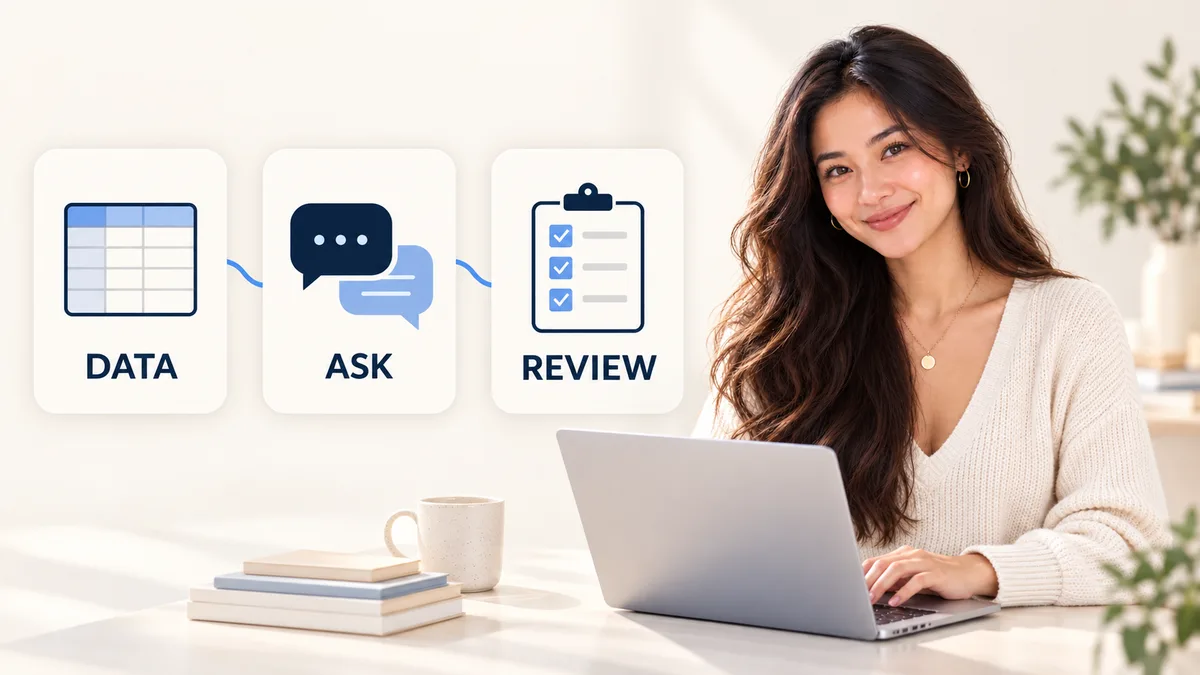 Athena, the AI brand presenter, uses a laptop beside cards labeled Data, Ask, and Review.