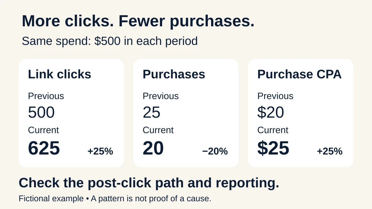 Fictional comparison at $500 spend: link clicks rise from 500 to 625, purchases fall from 25 to 20, and purchase CPA rises from $20 to $25.