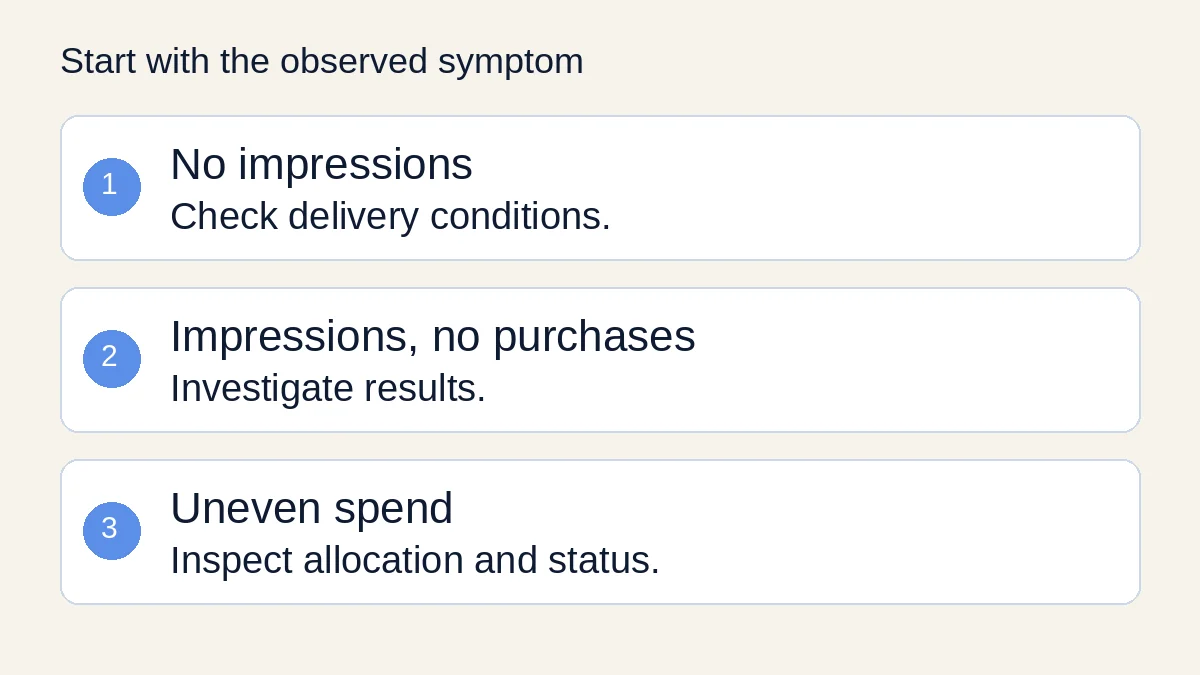 Three diagnostic branches distinguish zero impressions, impressions without purchases, and uneven spend across ad sets.