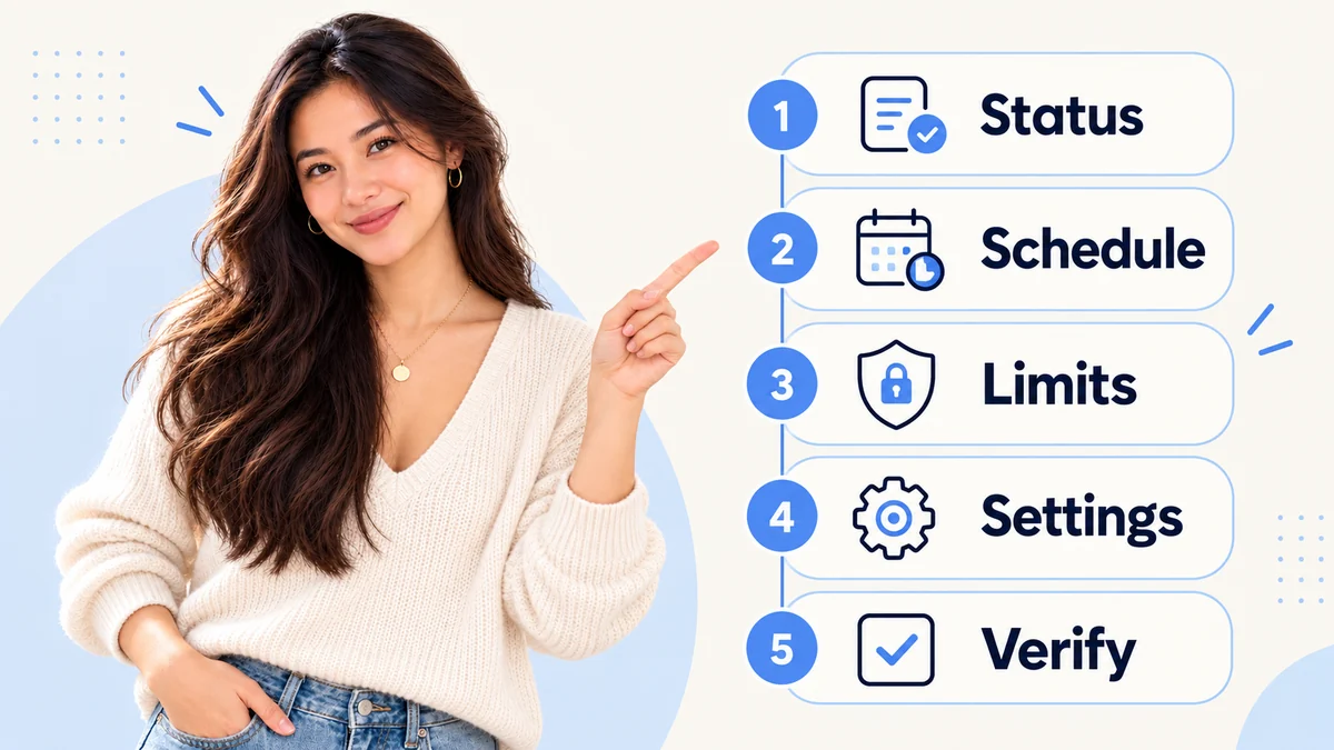 Athena, the AI brand presenter, points to a delivery checklist covering status, schedule, limits, settings, and verification.